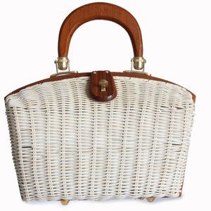 Simon Mr. Ernest White Wicker Bag with Brown Wood Trim Purse 60s Retro